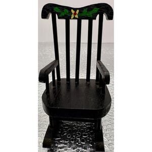 Vintage Dollhouse Dutch Rocking Chair Handmade Wood Painted Black with Flower